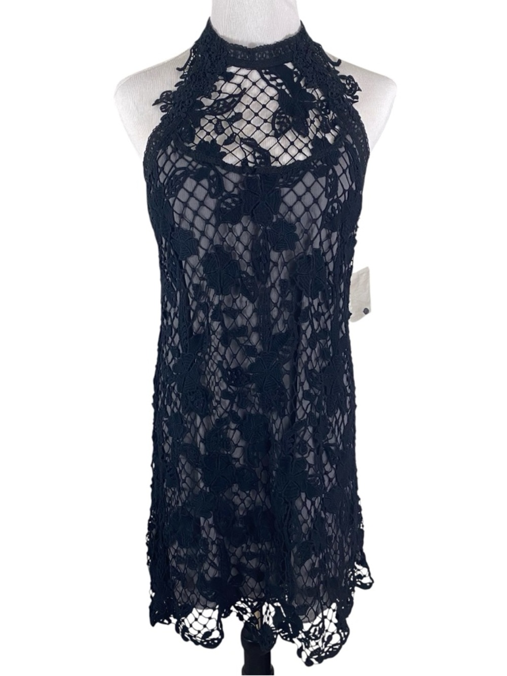 Free People Womens Snowdrop Lace Overlay Trapeze Dress Size M Black & Grey Sexy